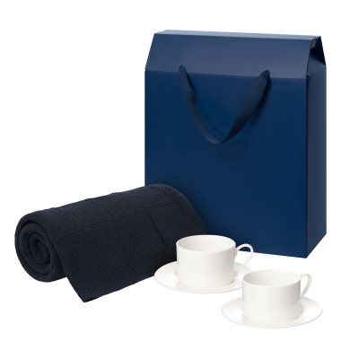 Подарочный набор Мокко (Mokko), Селла (Сella), синий в коробке-пакете (две чайных пары, плед)