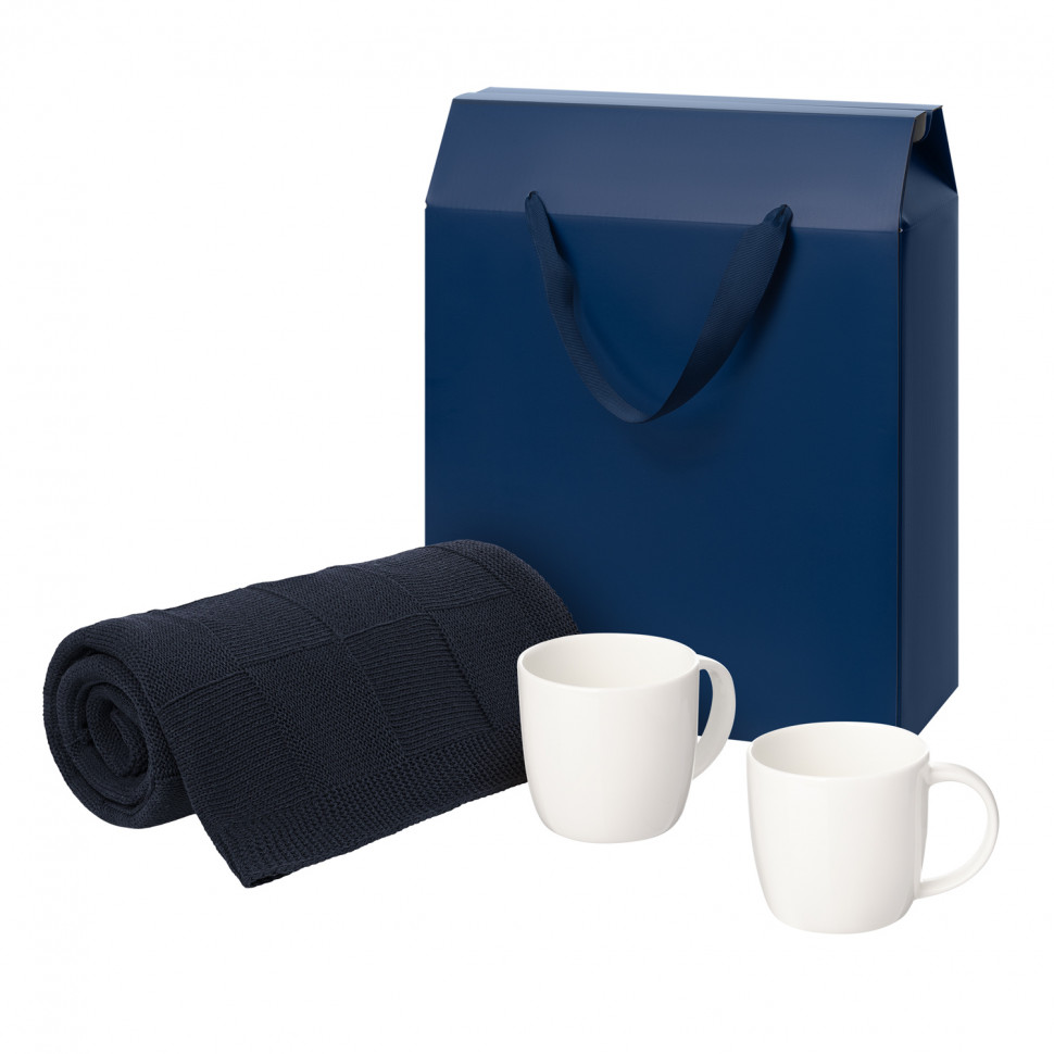 Подарочный набор Дафна (Dafna), Селла (Cella), синий в коробке-пакете (две фарфоровых кружки, плед)