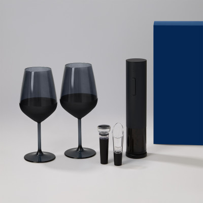 Подарочный набор 2 бокала для вина Блэк Эдишн (Black Edition) + набор для вина Сакраменто (Sacramento) в синей коробке