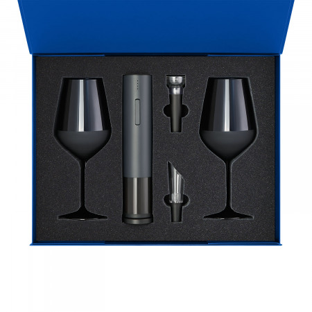Подарочный набор 2 бокала для вина Сапфир (Sapphire) + набор для вина с электрическим штопором Сакраменто (Sacramento), в синей коробке