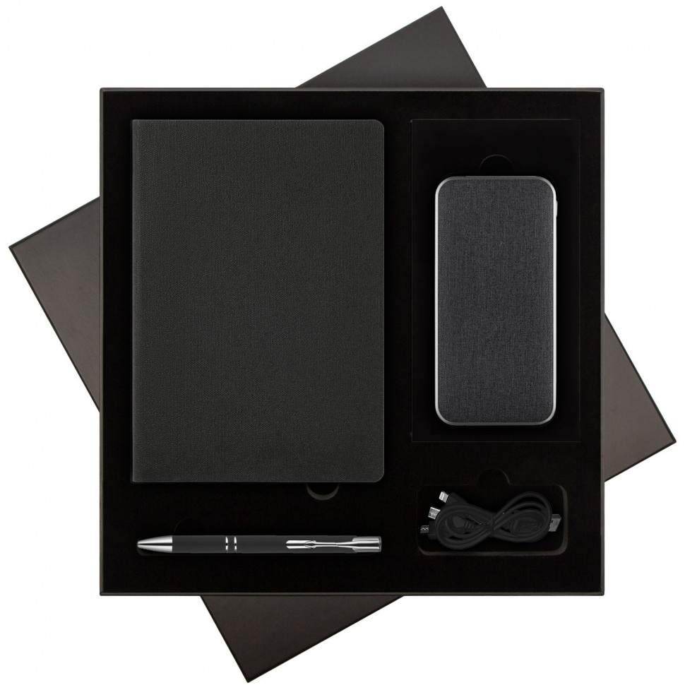 Подарочный набор Твид (Tweed), черный (ежедневник, ручка, аккумулятор)